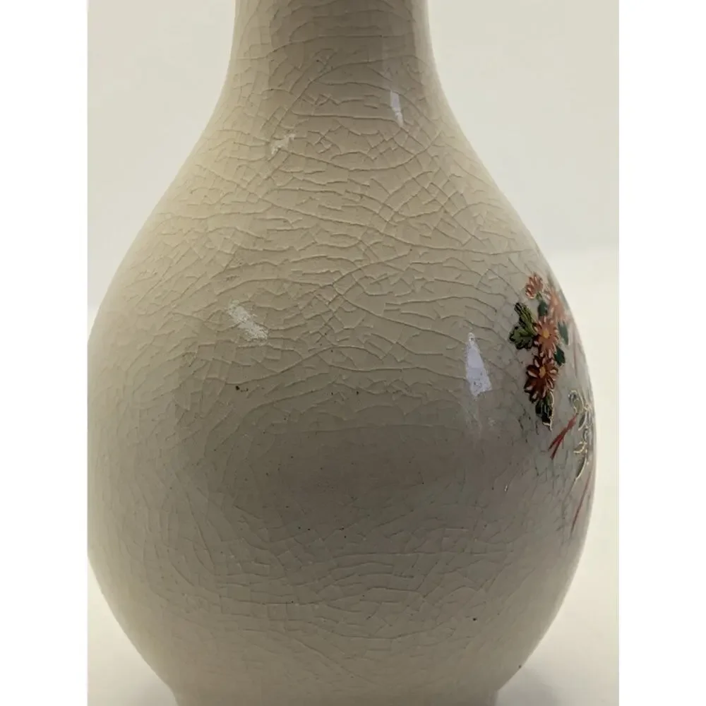 vintage crackle-glaze porcelain vase with a hand-painted peacock & floral design